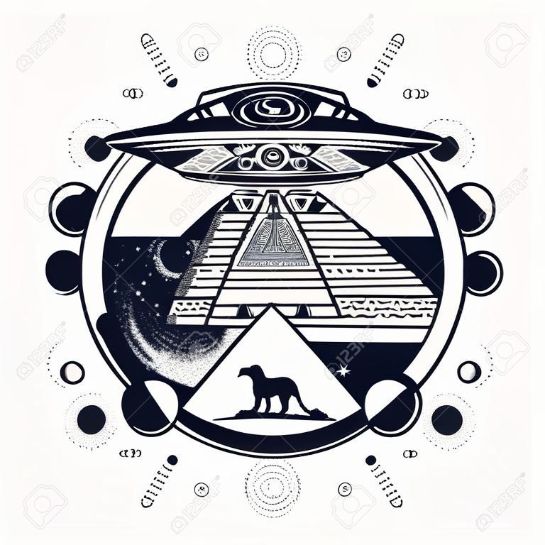 UFO and ancient Egypt tattoo art. Paleocontact concept. Symbol of contact with aliens, ancient astronauts. Spaceship over pyramids of Egypt t-shirt design