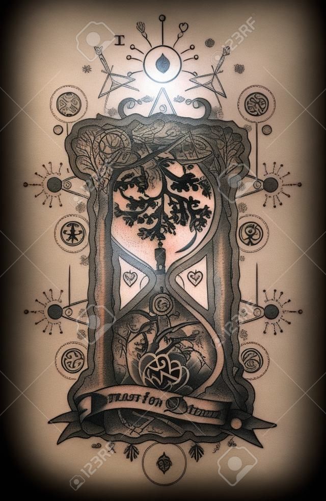 Tree and heart in hourglass symbol of life and death, mystical tattoo. Man in hourglass tattoo. Evergreen heart. Concept time tattoo. Slogan: remember dreams. Hourglass astrological symbols tattoo art