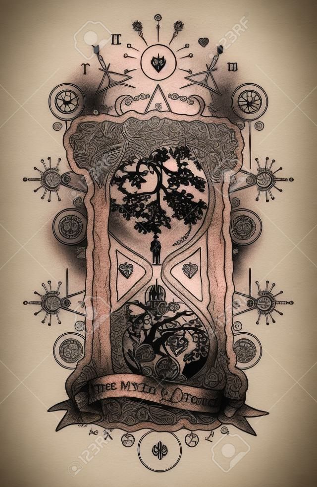 Tree and heart in hourglass symbol of life and death, mystical tattoo. Man in hourglass tattoo. Evergreen heart. Concept time tattoo. Slogan: remember dreams. Hourglass astrological symbols tattoo art