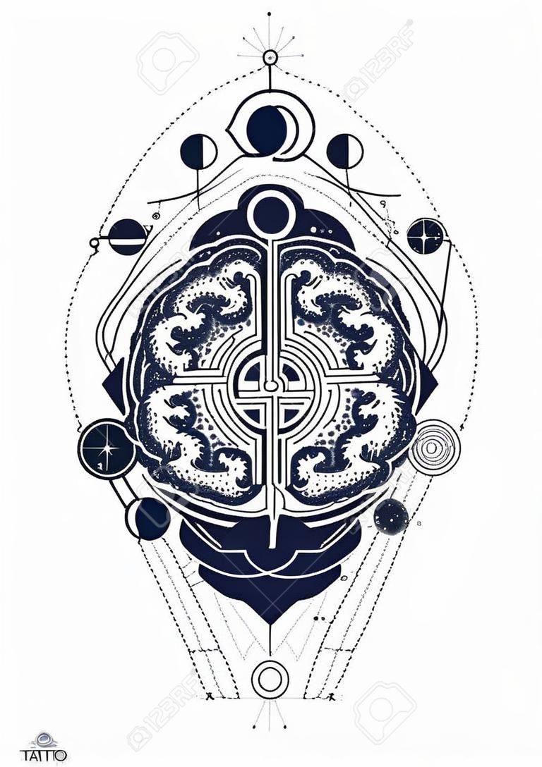 Cerebro y arte del tatuaje del laberinto. Símbolo de psicología, filosofía, creatividad, inteligencia. El cerebro estupendo resuelve el diseño de la camiseta de los problemas. Inteligencia artificial del futuro tatuaje