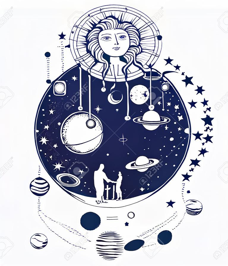 Art de tatouage humain et universel. Symbole système solaire, science, religion, astrologie, astronomie. Design de t-shirt Universe, planètes et étoiles sans limites