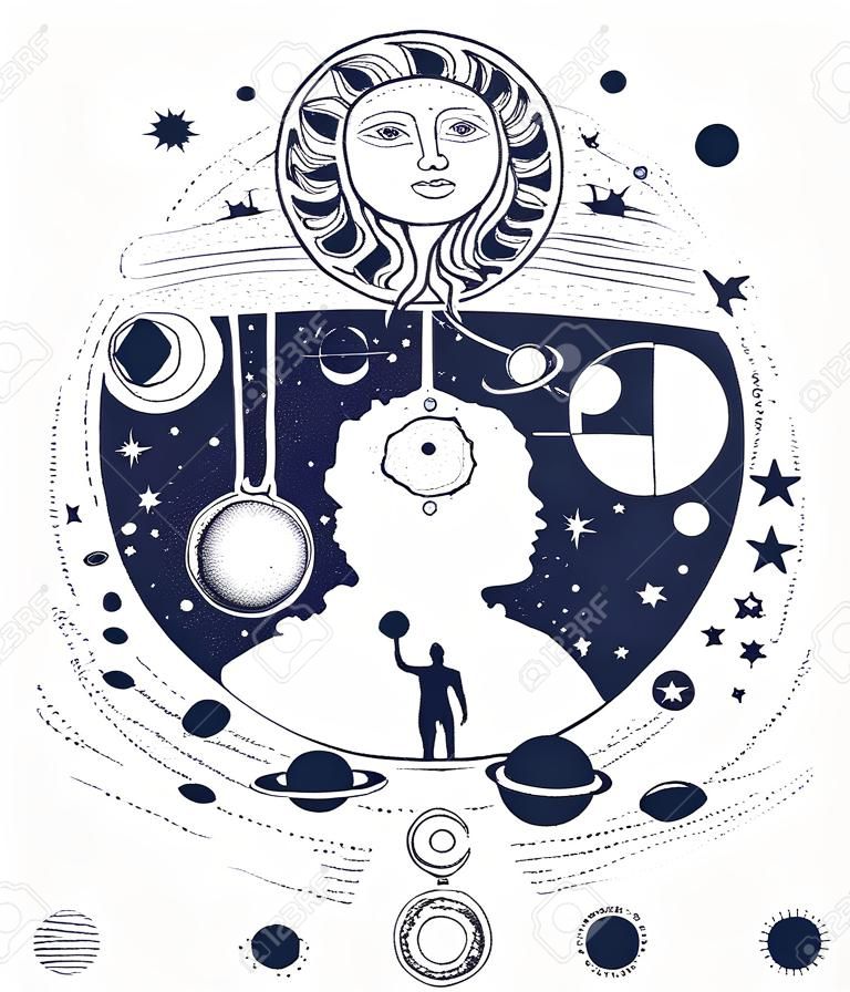 Art de tatouage humain et universel. Symbole système solaire, science, religion, astrologie, astronomie. Design de t-shirt Universe, planètes et étoiles sans limites