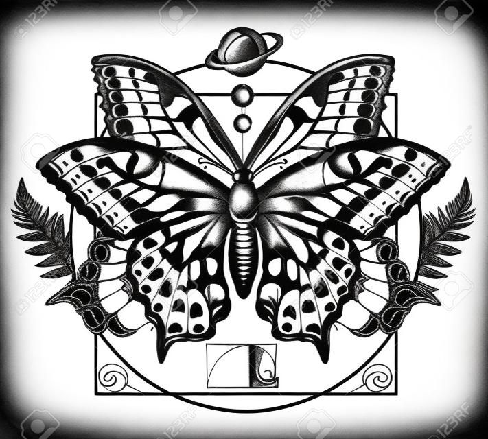 Motyl tatuaż sztuki. Symbol magii, renesansu, esoteriki, podróży, duszy. Motyl w projektowaniu t-shirtów mistycznego koła