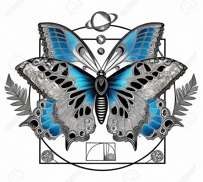 Vlinder tatoeage kunst. Symbool van magie, renaissance, esoterische, reizen, ziel. Vlinder in mystieke cirkel t-shirt ontwerp