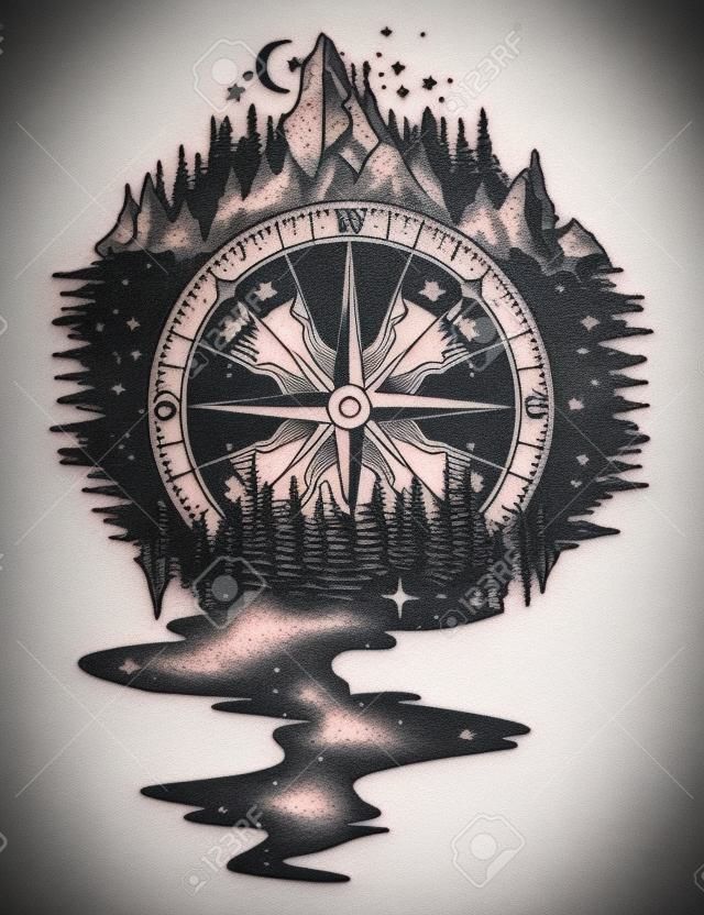 Compass, mountains, river of stars flows tattoo. Mountain antique compass and wind rose. Adventure, travel, outdoors, symbol. Tattoo for travelers, climbers, hikers tattoo boho style