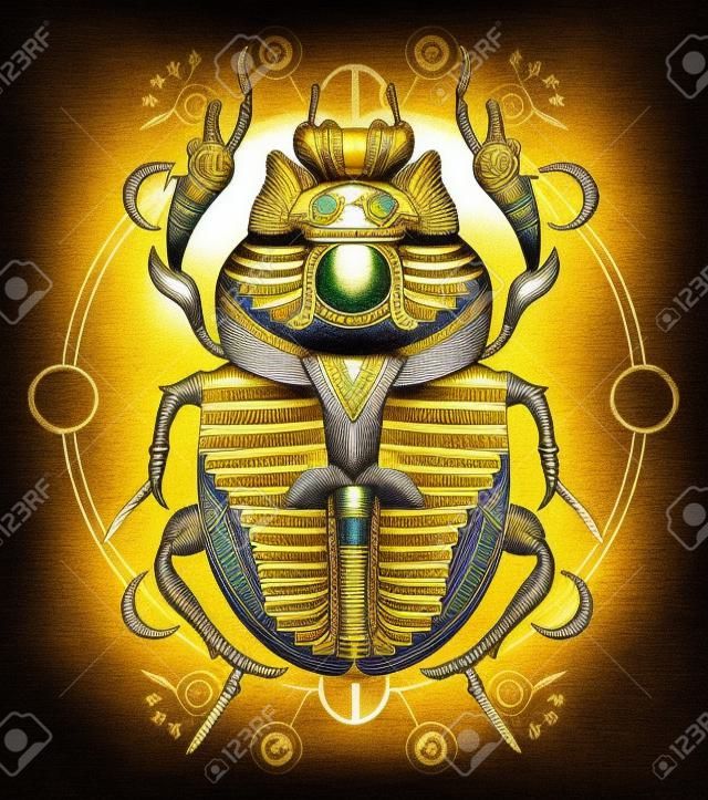 Ägyptische Skarabäus Symbol des Pharaos, Götter Ra, Sonne. Scarabäus, Tätowierung, altes Ägypten, Mythologie T-Shirt Design, Tattoos des alten Ägypten