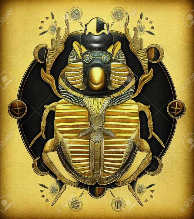 Egyptische scarabee symbool van farao, goden Ra, zon. Scarabee, tatoeage, oude Egypte, mythologie t-shirt ontwerp, tatoeages van het oude Egypte