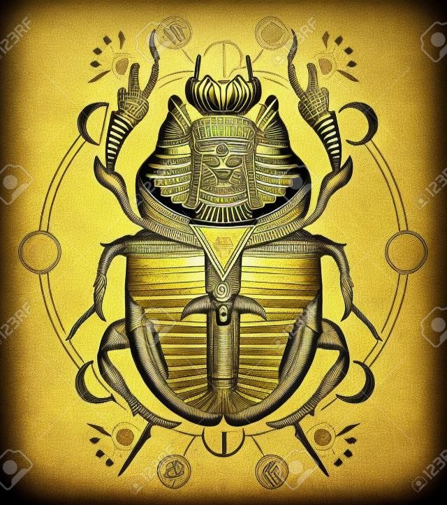 Egipski scarab symbol faraona, bogowie Ra, słońce. Scarab, tatuaż, starożytny Egipt, projektant t-shirtów mitologicznych, tatuaż starożytnego Egiptu