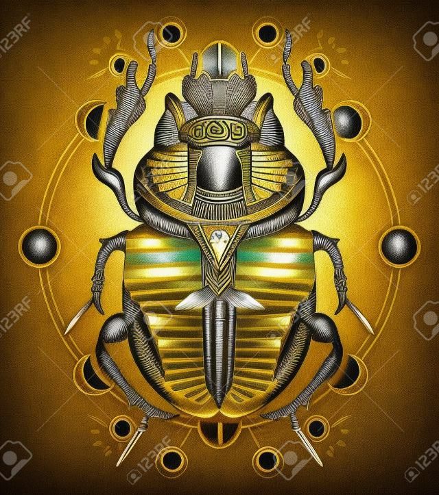 Símbolo egípcio do escaravelho do faraó, deuses Ra, sol. Escaravelho, tatuagem, Egito antigo, projeto da t-shirt da mitologia, tatuagens do Egito antigo
