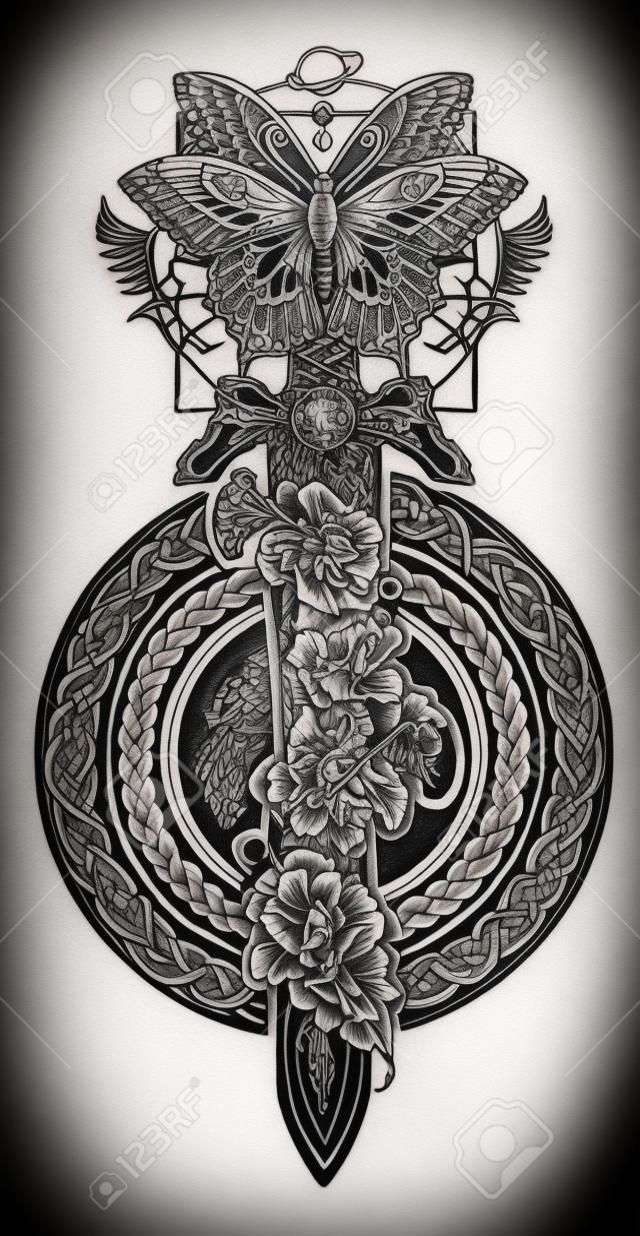 Arte del tatuaggio della farfalla e della t-shirt. Simbolo gotico della guerra e della pace, del bene e del male. La spada è intrecciata dal tatuaggio dei fiori