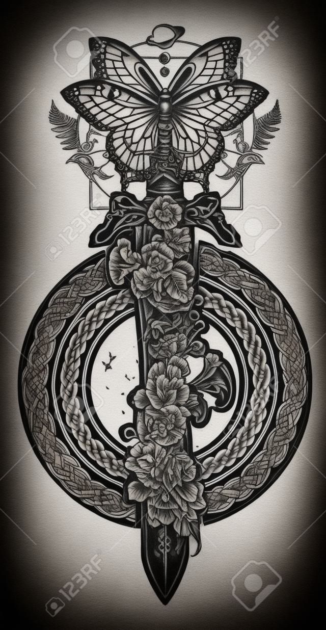 Arte del tatuaggio della farfalla e della t-shirt. Simbolo gotico della guerra e della pace, del bene e del male. La spada è intrecciata dal tatuaggio dei fiori