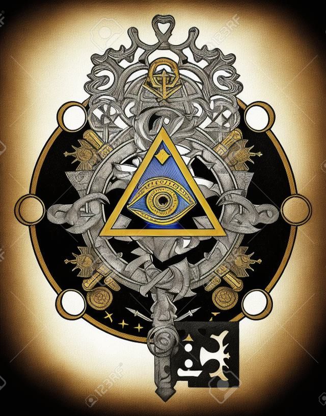 Vrijmetselaars oog en sleutel tatoeage symbolen. Vrijmetselarij en spirituele symbolen. Alchemie, middeleeuwse religie, occultisme, spiritualiteit en esoterische tatoeage. Magische oog, rozen en stuurwiel t-shirt ontwerp