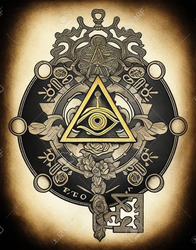 Masonic eye and key tattoo symbols. Freemason and spiritual symbols. Alchemy, medieval religion, occultism, spirituality and esoteric tattoo. Magic eye, roses and steering wheel t-shirt design