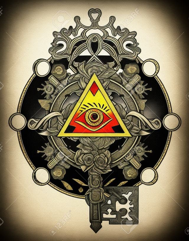 Vrijmetselaars oog en sleutel tatoeage symbolen. Vrijmetselarij en spirituele symbolen. Alchemie, middeleeuwse religie, occultisme, spiritualiteit en esoterische tatoeage. Magische oog, rozen en stuurwiel t-shirt ontwerp