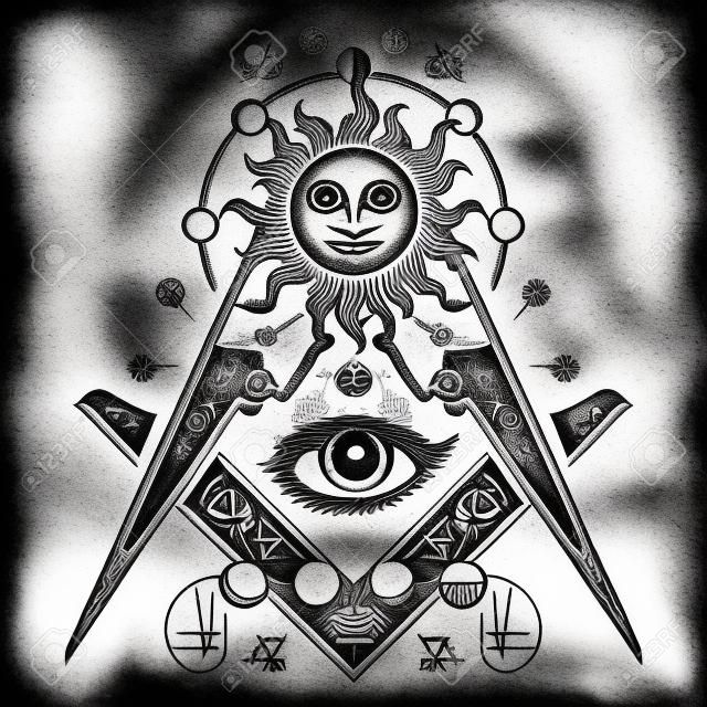 Tatouage symbole maçonnique et design t-shirt. Oeil qui voit tout. L'alchimie, la religion médiévale, l'occultisme, la spiritualité et le tatouage ésotérique. Conception de t-shirt pour oeil magique. Mystères de la connaissance de l'humanité