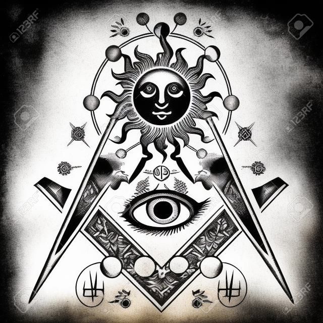 Tatouage symbole maçonnique et design t-shirt. Oeil qui voit tout. L'alchimie, la religion médiévale, l'occultisme, la spiritualité et le tatouage ésotérique. Conception de t-shirt pour oeil magique. Mystères de la connaissance de l'humanité
