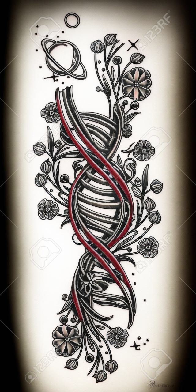 La cadena del ADN y el arte nouveau florecen el tatuaje. Símbolo del arte, de la ciencia, del conocimiento, de la medicina, de las evoluciones, de las vidas y del diseño de la camiseta de la muerte. ADN y flores de tatuaje surrealista