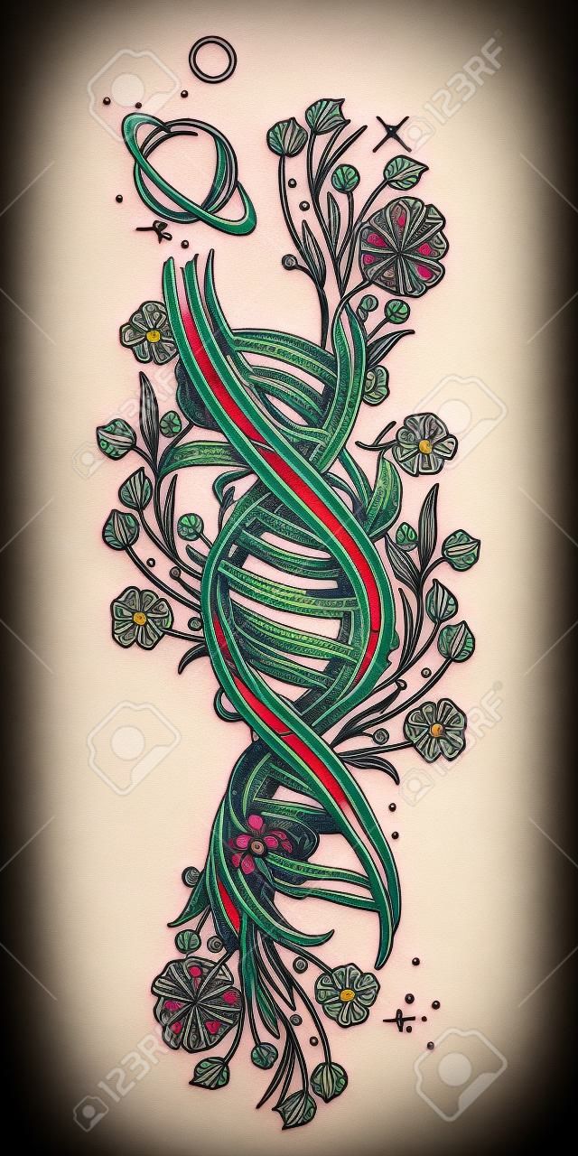 La cadena del ADN y el arte nouveau florecen el tatuaje. Símbolo del arte, de la ciencia, del conocimiento, de la medicina, de las evoluciones, de las vidas y del diseño de la camiseta de la muerte. ADN y flores de tatuaje surrealista