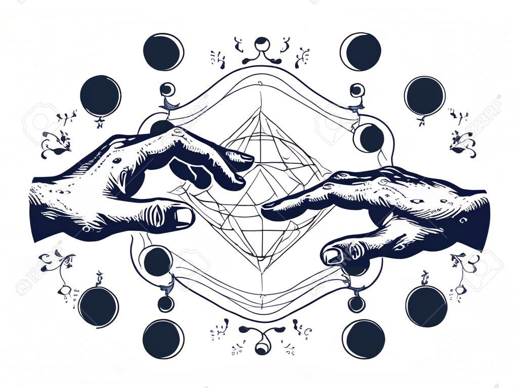 Hands tattoo Renaissance. Bog and Adam, symbol of spirituality, religion, connection and interaction.  Michelangelo God's touch. Human hands touching with fingers tattoo and t-shirt design