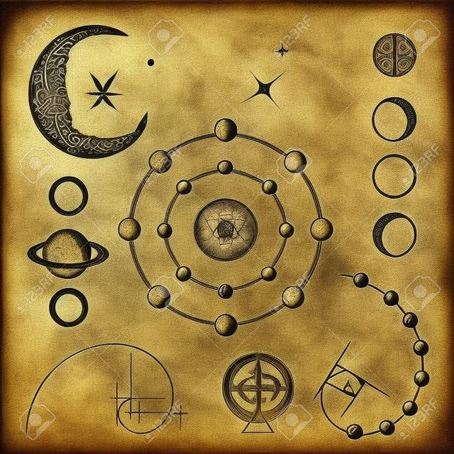 alchemy, symbols and signs of astrology, lunar phases, esoteric planets, moon, golden ratio. Sacral geometry hand drawn medieval elements collection