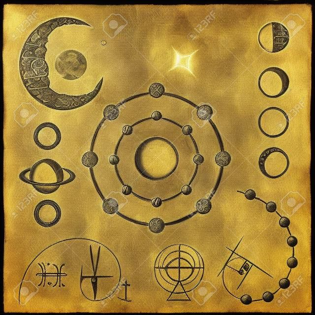 alquimia, símbolos y signos de la astrología, fases lunares, planetas esotéricos, luna, radio de oro. Geometría sacra dibujado a mano colección de elementos medievales.