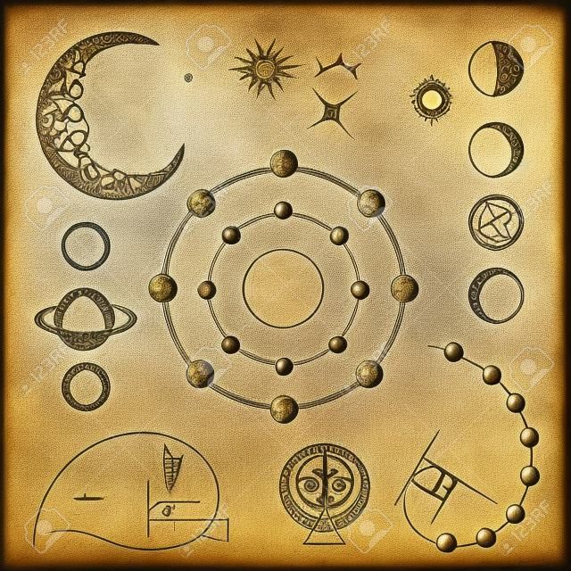 alkímia, asztrológia szimbólumai és jelei, holdfázisok, ezoterikus bolygók, hold, aranyarány. Szakrális geometria kézzel rajzolt középkori elemek gyűjteménye