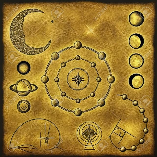 alquimia, símbolos y signos de la astrología, fases lunares, planetas esotéricos, luna, radio de oro. Geometría sacra dibujado a mano colección de elementos medievales.