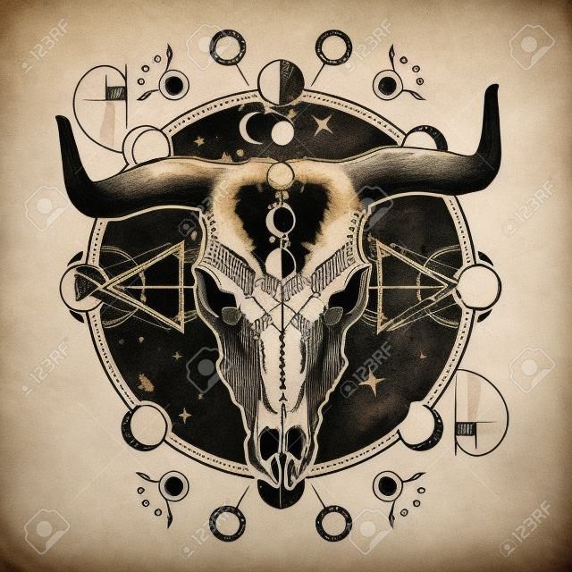 Tatuaggio del cranio del bisonte. Simbolo del teschio nativo americano del cranio di conoscenza segreta, sciamanesimo. Anima di prateria contro il tatuaggio dell'Universo e la t-shirt design