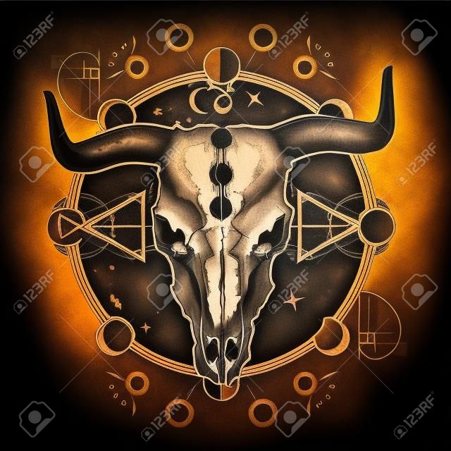 Tatuaggio del cranio del bisonte. Simbolo del teschio nativo americano del cranio di conoscenza segreta, sciamanesimo. Anima di prateria contro il tatuaggio dell'Universo e la t-shirt design