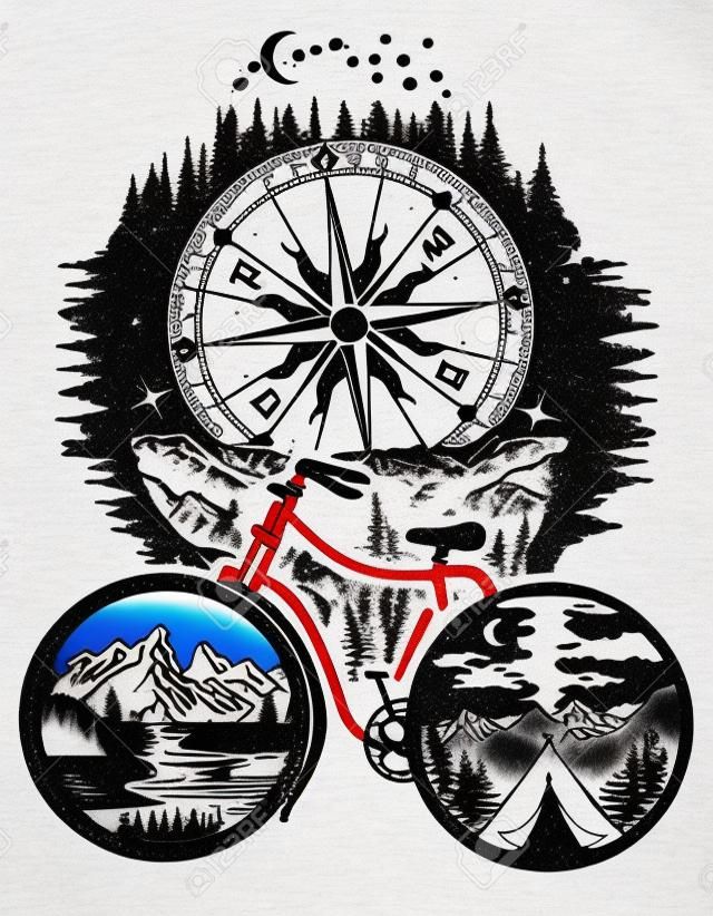 自転車と山はタトゥー アートです。旅行、観光、冒険のシンボルです。コンパスと自転車の車輪デザインした t シャツの山