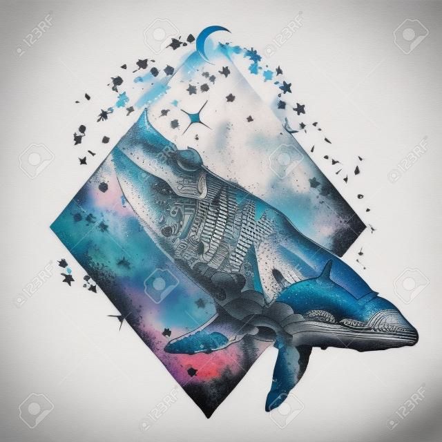 고래 이중 노출 초현실적 인 문신입니다. 여행, 모험, 야외 기호 고래 두 번 노출 동물 t- 셔츠 디자인. 스티어링 휠 등대, 폭풍