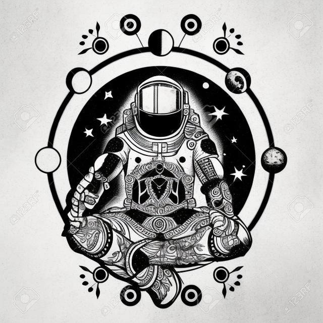 Spaceman Silhouette sitzt in Lotus-Pose von Yoga-Tattoo