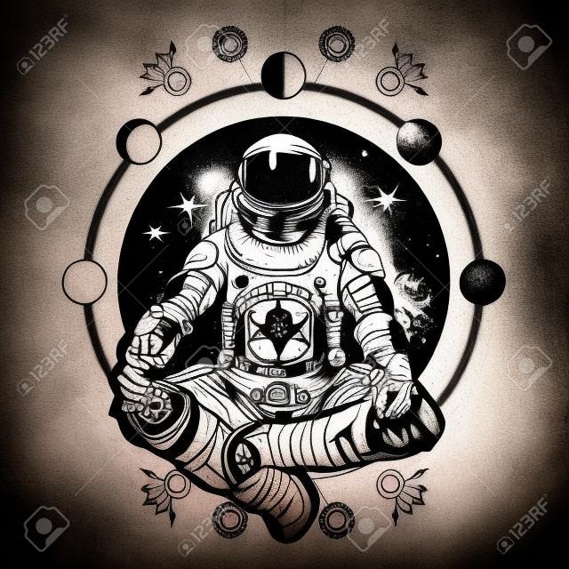 Spaceman sylwetka siedzi w lotosu stwarzają tatuaż jogi