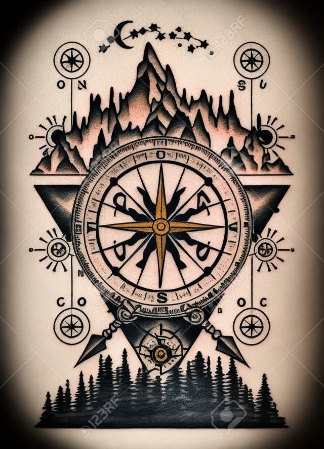 Mountains and antique compass tattoo art