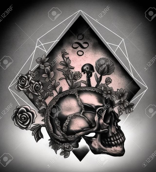魔法骷髅纹身和T恤设计人类头骨通过它象征生命和死亡的符号无限和不朽人类灵魂心理学哲学诗歌T恤设计
