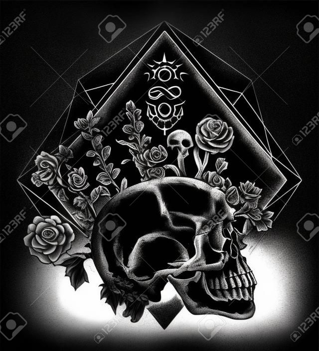 Magic skull tattoo and t-shirt design. Human skull through which flowers, symbol of life and death, sign of infinity and immortality. human soul. Psychology, philosophy, poetry t-shirt design