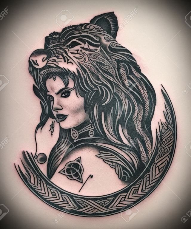 Tatuagem de mulher guerreira. Mulher forte tribal em uma pele de um urso. Símbolo da Escandinávia, Valhhala, Valkyrie. Menina do norte. Projeto da t-shirt do caçador da mulher