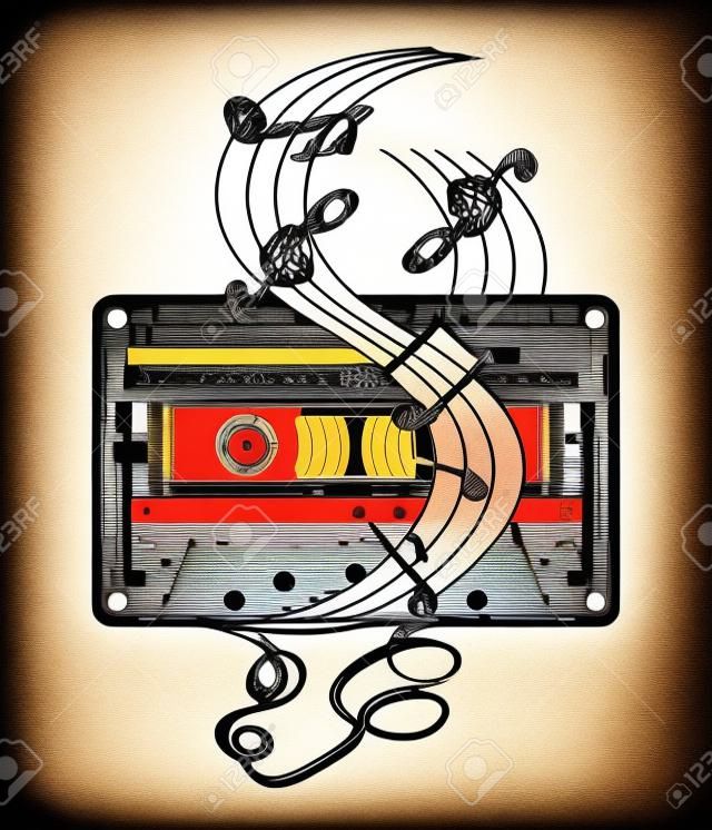 Audio cassette en muziek notities tatoeage en t-shirt ontwerp. Symbool van retro muziek, nostalgie, 80th en 90th. Oude audio cassette en muziek notities, symbool van popmuziek, disco t-shirt ontwerp