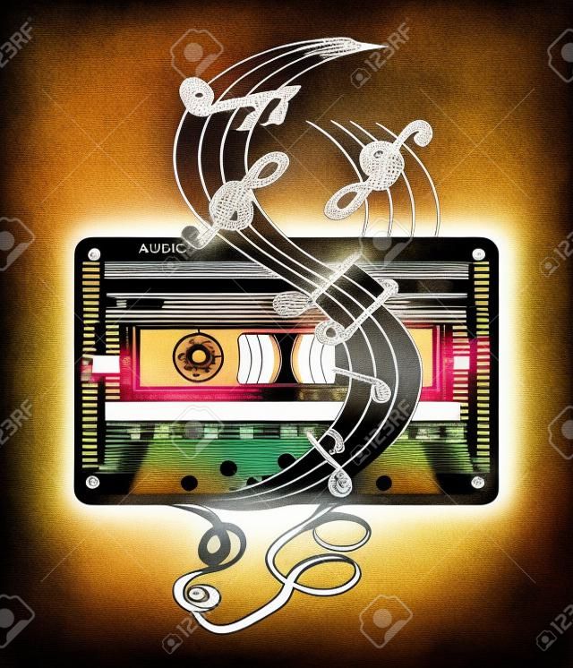 Audio cassette en muziek notities tatoeage en t-shirt ontwerp. Symbool van retro muziek, nostalgie, 80th en 90th. Oude audio cassette en muziek notities, symbool van popmuziek, disco t-shirt ontwerp