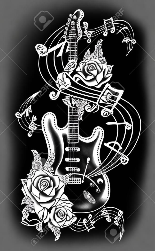 Tatuaje de guitarra Guitarra eléctrica, rosas y notas musicales. Diseño de camiseta de rock and roll. Símbolo de la música rock, festivales musicales. Impresión de arte de tatuaje de guitarra eléctrica