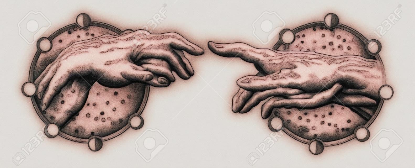 Boski dotyk Michała Anioła. Ludzkie ręce, dotykając palcami tatuaż i projekt koszulki. Renesansowy tatuaż dłoni. Bogowie i Adam, symbol duchowości, religii, związku i interakcji