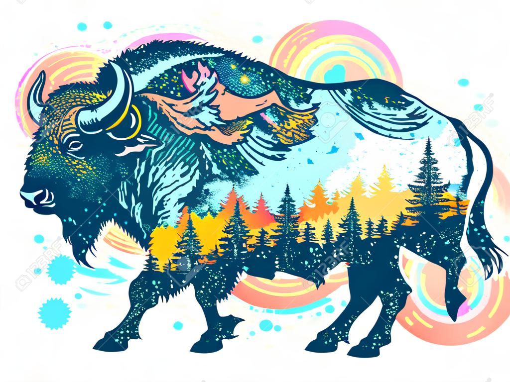 Arte del tatuaggio a colori di bisonti di Buffalo. Montagna, foresta, cielo notturno. Magia bisonte magiche doppie esposizioni animali. Simbolo di viaggio del toro bufalo, turismo avventura