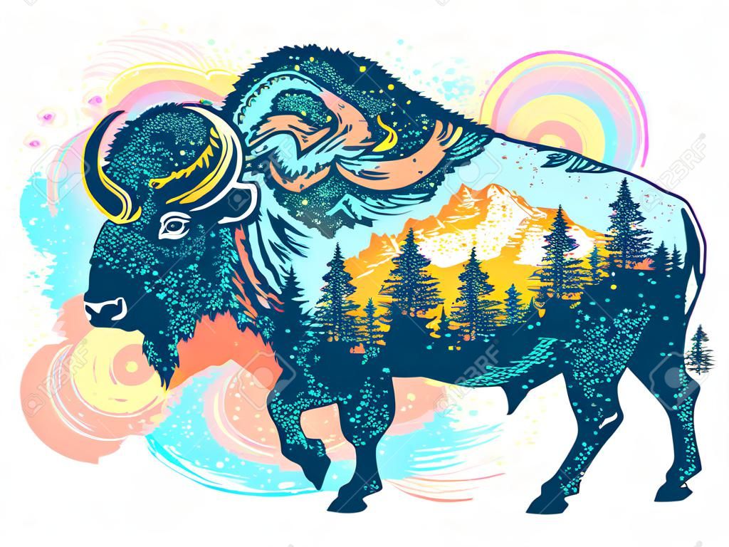 Arte del tatuaggio a colori di bisonti di Buffalo. Montagna, foresta, cielo notturno. Magia bisonte magiche doppie esposizioni animali. Simbolo di viaggio del toro bufalo, turismo avventura
