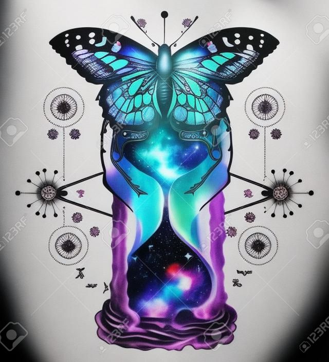 Ampulheta espacial com conceito de tatuagem de borboleta do tempo.