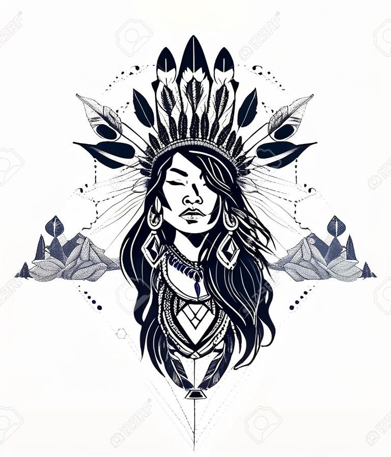 Arte del tatuaje de mujer nativa americana.