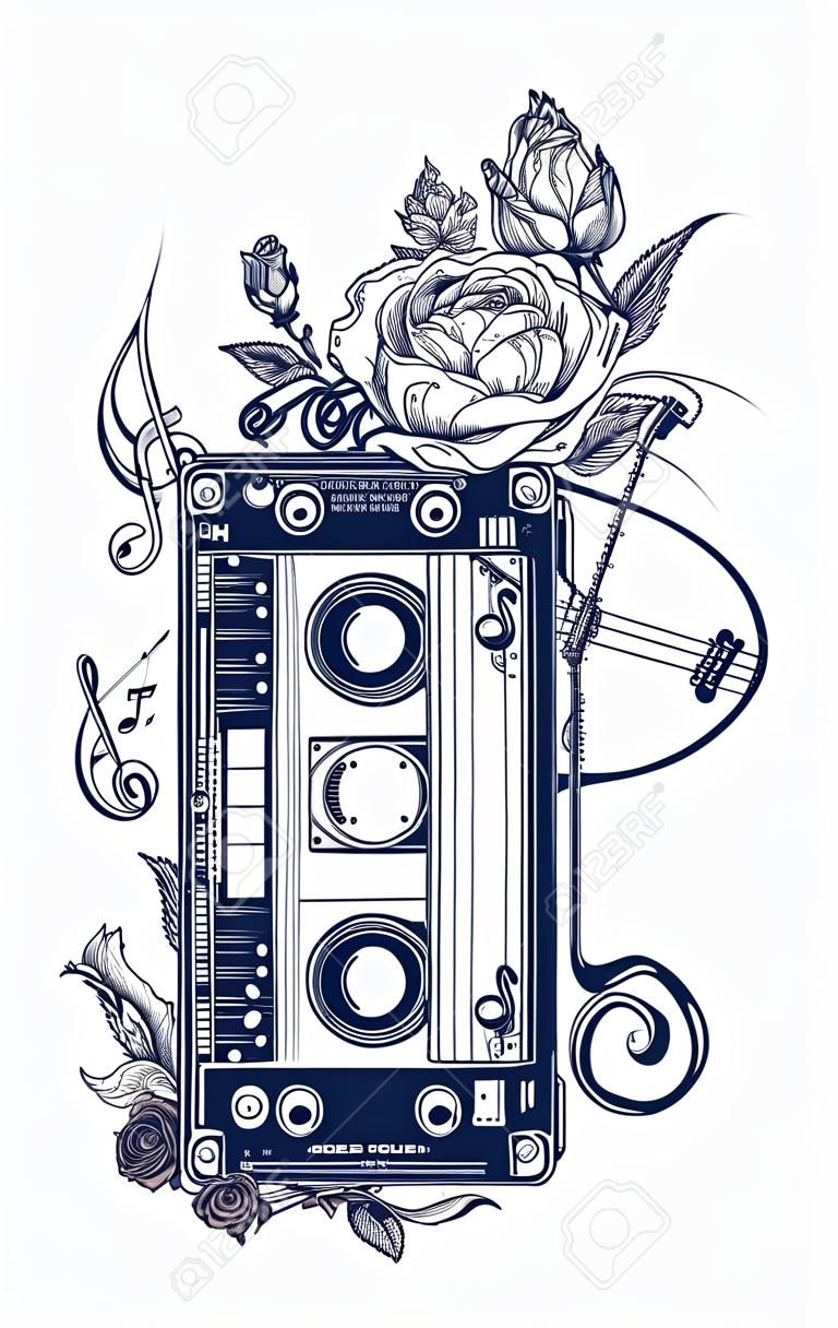 古いオーディオ ・ カセット テープ、バラの花、音符、ギター、ロック音楽 t シャツ デザインの象徴