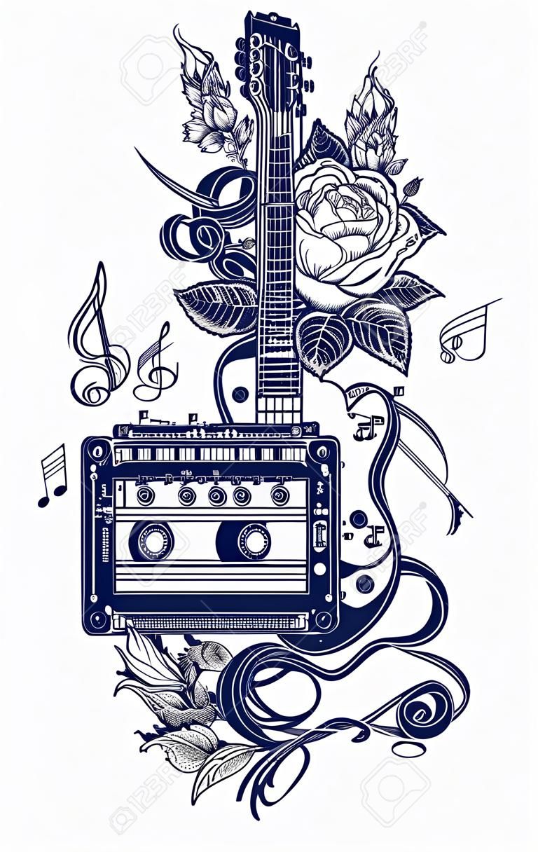 Eski ses kaseti, gül çiçekleri ve müzik notaları, gitar, rock müzik sembolü t-shirt tasarımı