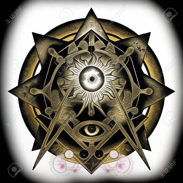 All seeing eye. Alchemy, medieval religion, occultism, spirituality and esoteric tattoo. Magic eye t-shirt design. Mysteries of knowledge of mankind. Masonic symbol tattoo and t-shirt design.