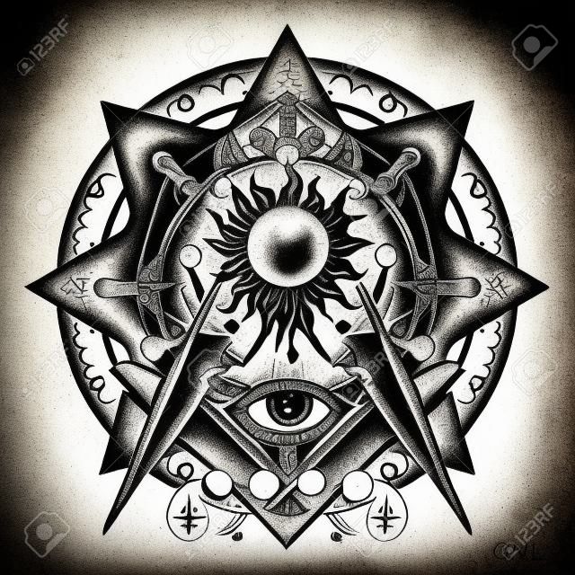 Wszystko widzące oko. Alchemia, religia średniowieczna, okultyzm, duchowość i tatuaż ezoteryczny. T-shirt z magicznym okiem. Tajemnice wiedzy ludzkości. Masoński tatuaż symbol i projekt koszulki.
