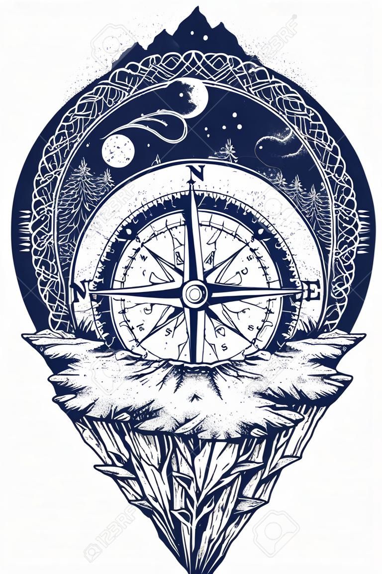 Compass in night forest tattoo boho style, t-shirt design. Mountain antique compass and wind rose tattoo art. Adventure, travel, outdoors, symbol. Tattoo for travelers, climbers, hikers